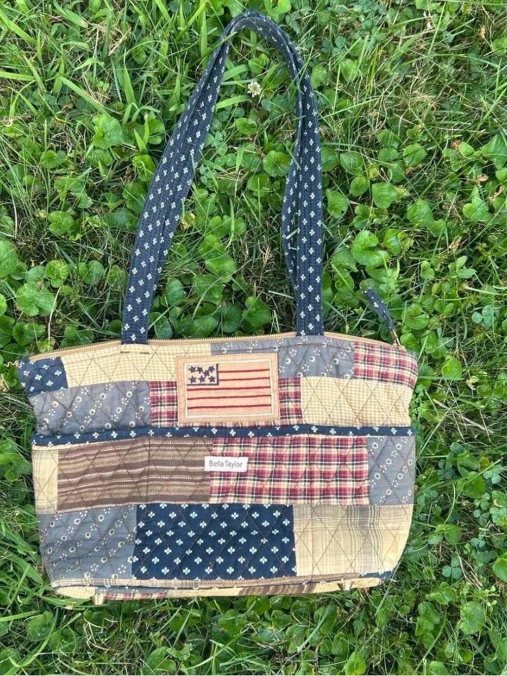 Bella Taylor Quilted Patchwork Tote in Navy and Tan